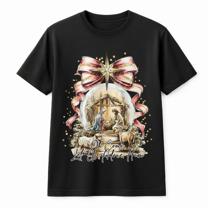 Oh Come Let Us Adore Him T-Shirt, Nativity Scene T-Shirt, Christian Christmas Graphic Tee, Holy Family Faith Shirt, Holiday Church Present