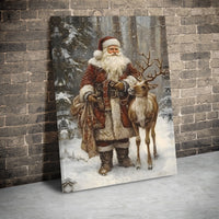 Snowy Forest Reindeer Canvas Wall Art, Vintage Santa Claus Canvas Print, Rustic Christmas Canvas Decor, Holiday Season Fine Art Present