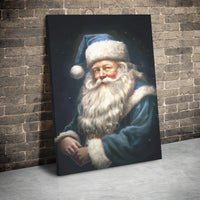 Vintage Winter Holiday Portrait Print, Blue Santa Claus Canvas Wall Art, Rustic Christmas Decor, Nostalgic Father Christmas Art Canvas