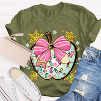 Festive Teacher Holiday Shirt, Christmas Lights Snowflakes Bow Apple T-Shirt, Adorable Coquette Winter Graphic Tee, Xmas Present for Her