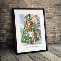 Watercolor Holiday Dog Poster, Custom Couple and Pet Portrait Canvas Print, Personalized Christmas Canvas, Romantic Present for Couple