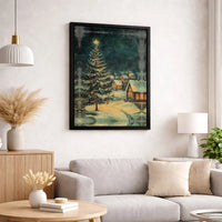 Snowy Winter Landscape Print, Christmas Village Digital Wall Art, Lit Pine Tree Holiday Poster, Festive Xmas Wall Decor Digital Download