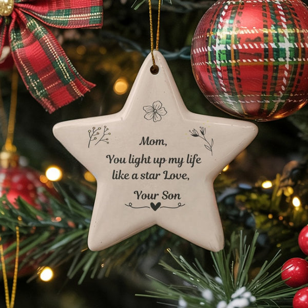 Ceramic Star Ornament for Mom, Floral Line Art Mom Star Ornament, Meaningful Christmas Present from Son, Mother Holiday Tree 