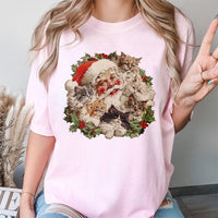 Vintage Cat Wreath Graphic Tee, Santa Claus Kittens Christmas Shirt, Adorable Kitten Holiday T-Shirt, Festive Cat Lover Xmas Shirt, Cat Mom Present