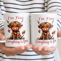 Tangled Lights Coffee Cup, Highland Cow Christmas Mug, Im Fine Everything Is Fine Ceramic Mug, Holiday Cow Lover Present, Secret Santa Cup