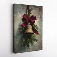 Red Bow Holiday Oil Painting Canvas Print, Vintage Christmas Bell Canvas Wall Art, Antique Festive Wall Art, Winter Seasonal Wall Decor