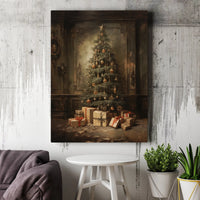 Classic Holiday Tree Wall Art, Vintage Christmas Tree Canvas Print, Christmas Tree and Presents Canvas Art, Festive Winter Home Wall Decor