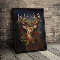 Holly and Pinecone Wreath Canvas, Majestic Deer Christmas Wall Art, Festive Winter Stag Canvas Print, Rustic Holiday Living Room Decor
