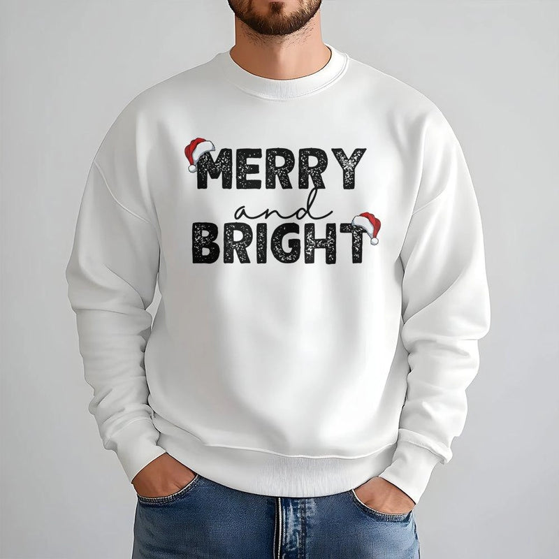 Santa Hat Xmas Sweatshirt, Merry and Bright Christmas Sweatshirt, Adorable Holiday Graphic Crewneck, Retro Christmas Sweatshirt, Xmas Fan Present