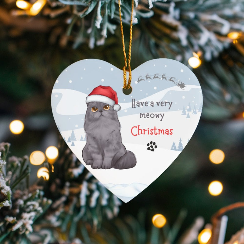 Ceramic Cat Lover Christmas Ornament, Meowy Christmas Gray Cat Heart Ornament, Adorable Pet Holiday Heart Ornament, Kitten Xmas Tree Decor