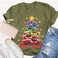 Custom Name Holiday Shirt, Personalized Christmas Tree T-Shirt, Colorful Crayon Snowflake Graphic Tee, Kids Family Christmas Tee