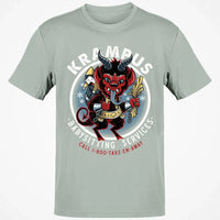 Humorous Christmas Horror Graphic Tee, Krampus Babysitting Service T-Shirt, Spooky Holiday Folklore Shirt, Alpine Demon Winter Top