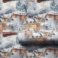 Watercolor Snowy Alpine Gift Wrap, Winter Village Red Train Wrapping Paper, Nostalgic Holiday Wrapping Paper, Christmas Gift Wrap Roll