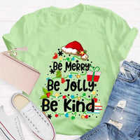 Santa Hat Fairy Lights Graphic Tee, Be Merry Be Jolly Be Kind Christmas T-Shirt, Holiday Family Shirt, Xmas Party Top