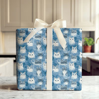 Snowy Blue Kitten Holiday Gift Wrap, Watercolor Winter Cat Wrapping Paper, Adorable Pet Lover Wrapping Paper, Comfy Christmas Cat Present Wrap