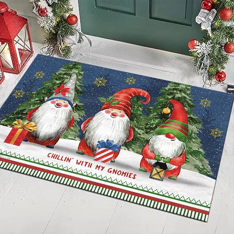Holiday Gnome Area Rug, Chillin with My Gnomies Christmas Rug, Festive Winter Washable Floor Mat, Adorable Xmas Living Room Decor