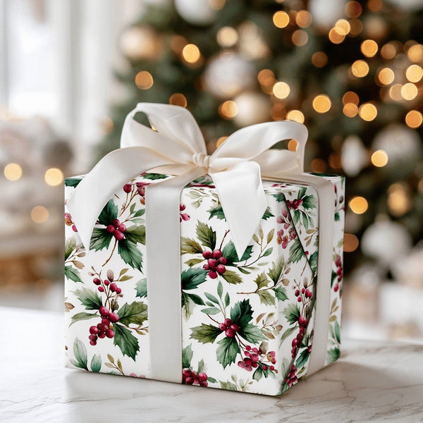 Traditional Christmas Wrapping Paper, Watercolor Holly Berries Wrapping Paper, Botanical Holiday Wrapping Paper, Winter Berry