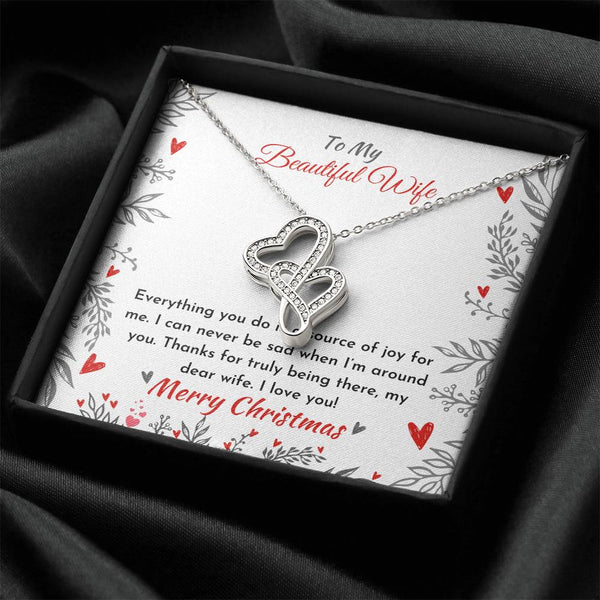 Christmas Heart Pendant with Message Card, Double Heart Necklace for Wife, 14K White Gold Finish Jewelry, Romantic Holiday Pr