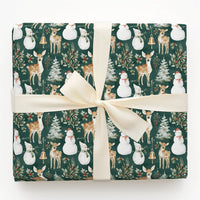 Vintage Christmas Gift Wrap, Woodland Deer Snowman Wrapping Paper, Forest Green Holiday Wrapping Paper, Rustic Winter Gift Wrap Roll