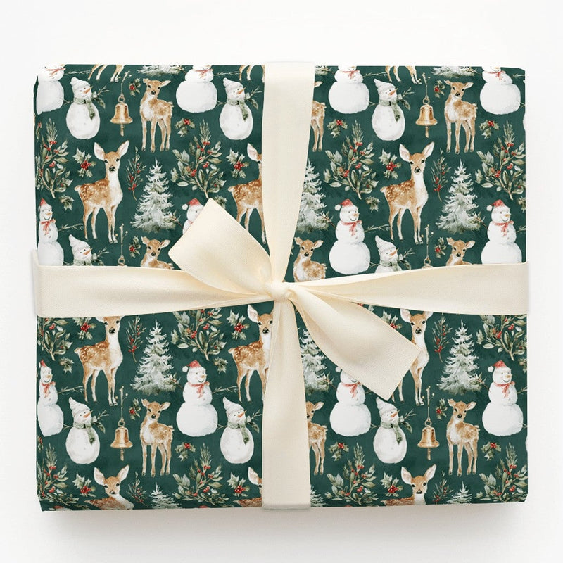 Vintage Christmas Gift Wrap, Woodland Deer Snowman Wrapping Paper, Forest Green Holiday Wrapping Paper, Rustic Winter Gift Wrap Roll