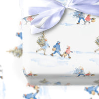Watercolor Winter Scene Gift Wrap, Carrying Christmas Tree Wrapping Paper, Nostalgic Holiday Wrapping Paper, Festive Gift Wrap Roll