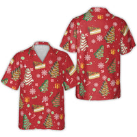 Festive Holiday Snack Shirt, Christmas Tree Cake Hawaiian Shirt, Ugly Christmas Party Aloha Shirt, Retro Winter Holiday Button Up Top