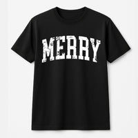 Retro Distressed Varsity Lettering Tee, Merry Christmas T-Shirt, Vintage Holiday Graphic Shirt, Comfy Xmas Aesthetic Present for Women and Men