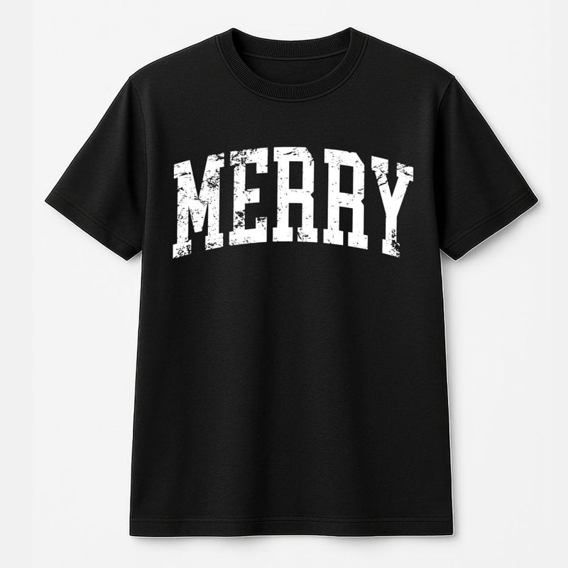 Retro Distressed Varsity Lettering Tee, Merry Christmas T-Shirt, Vintage Holiday Graphic Shirt, Comfy Xmas Aesthetic Present for Women and Men