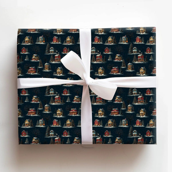 Starry Winter Gift Wrap, Snowy Village Night Wrapping Paper, Comfy Christmas Village Wrapping Paper, Holiday Cottage Wrapping
