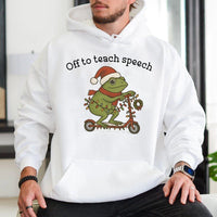 Humorous Frog on Scooter Hoodie, Speech Therapist Christmas Hoodie, Adorable SLP Holiday Sweatshirt, Speech Language Pathologist Pullover Hoodie