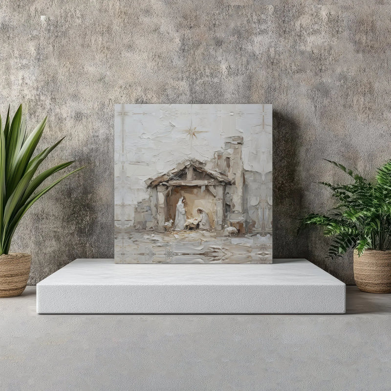 Palette Knife Christmas Canvas Art, Nativity Scene Square Canvas, Holy Family Stretched Canvas Print, Religious Holiday Wall Decor