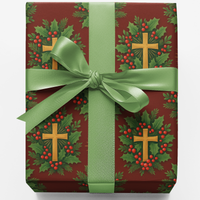 Holly Berry Christmas Gift Wrap, Gold Cross Wrapping Paper, Religious Christmas Wrapping Paper, Christian Holiday Gift Wrap Paper Roll