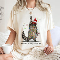 Tangled Christmas Lights Raccoon Shirt, Feral and Festive AF Raccoon T-Shirt, Humorous Holiday Graphic Tee, Ugly Christmas Party Raccoon Tee