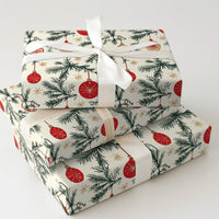 Vintage Pine Branch Gift Wrap, Red Ornament Wrapping Paper, Cream Christmas Snowflake Wrapping Paper, Retro Holiday Present Wrapping Paper
