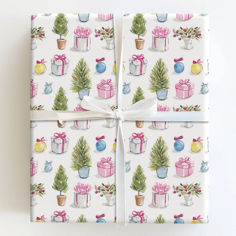 Potted Evergreen Holiday Gift Wrap, Watercolor Christmas Tree Wrapping Paper, Holly Present Paper, Retro Pastel Holiday Wrapping Paper Roll