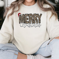 Santa Hat Holiday Sweater, Merry Christmas Leopard Sweatshirt, Leopard Print Xmas Crewneck, Adorable Winter Graphic Pullover