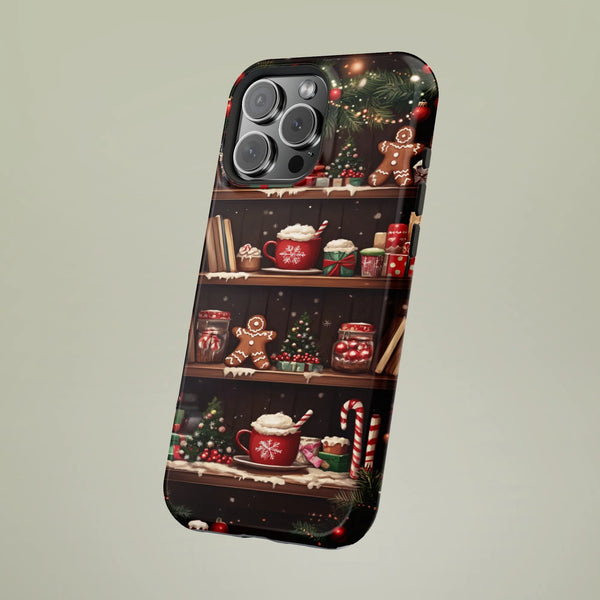 Comfy Gingerbread Hot Cocoa Holiday iPhone Case, Christmas Bookshelf Phone Case, Candy Cane Winter Phone Cover, Bookish Prese