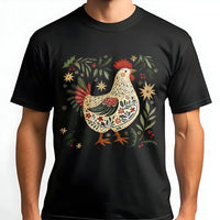 Folk Art Rooster Holiday Graphic Tee, Christmas Chicken T-Shirt, Farmhouse Winter Country T-Shirt, Festive Chicken Lover Xmas Present