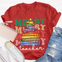 Holiday Classroom Graphic Shirt, Crayon Christmas Tree Teacher T-Shirt, Adorable Festive Xmas Tee, Present for Teachers