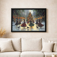 Whimsical Holiday Wall Art, Witches Ice Skating Christmas Tree Canvas, Vintage Winter Witch Canvas Print, Gothic Seasonal Canvas Decor