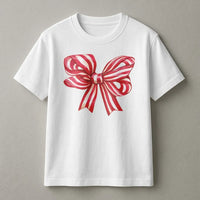 Retro Striped Ribbon T-Shirt, Christmas Bow Shirt, Adorable Holiday Bow Tee, Festive Christmas Graphic Shirt, Vintage Ribbon Xmas Shirt