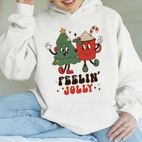 Feelin' Jolly Tree Cocoa Pullover, Retro Christmas Hoodie, Adorable Vintage Holiday Graphic Hooded Sweatshirt, Comfy Winter Season Apparel