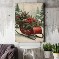 Rustic Red Sled Holiday Canvas Print, Vintage Christmas Sleigh Canvas Wall Art, Winter Pine Wall Decor, Festive Xmas Canvas Art