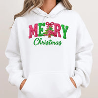Faux Yarn Knit Pattern Sweatshirt, Merry Christmas Hoodie, Comfy Holiday Season Pullover, Festive Vintage Xmas Graphic Hoodie