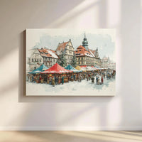Watercolor Snowy Town Canvas Print, Christmas Market Canvas Wall Art, Winter Town Square Wall Art, Holiday Seasonal Canvas Decor, Xmas Present