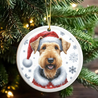 Festive Santa Hat Ceramic Ornament, Airedale Terrier Dog Christmas Ornament, Holiday Pet Keepsake Tree Ornament, Dog Lover Present