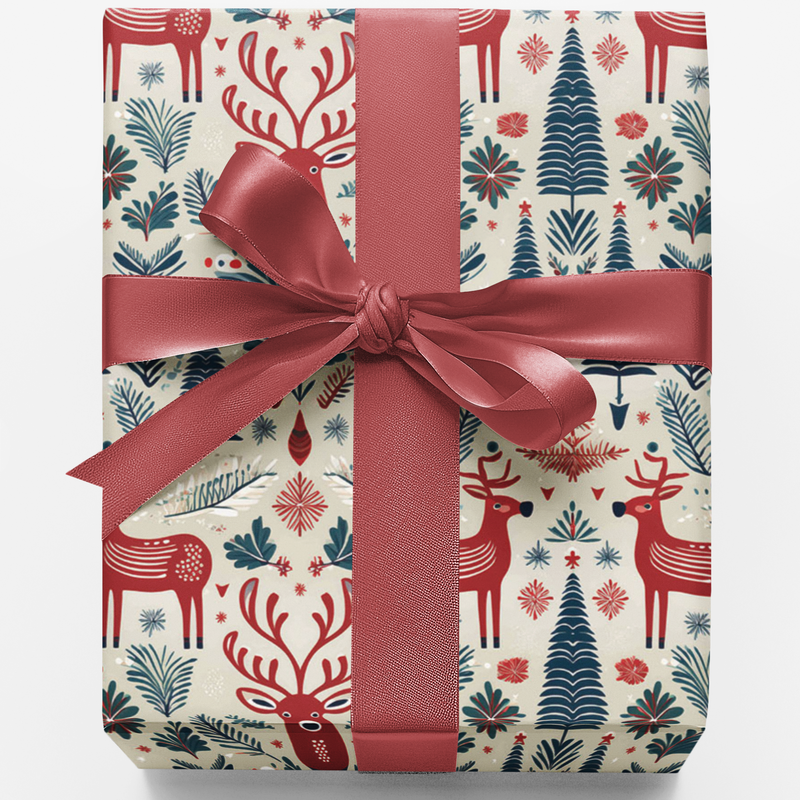 Nordic Reindeer Wrapping Paper, Scandi Deer Gift Wrap, Christmas Holiday Gift Wrap Roll, Winter Stag Present Paper, Woodland Deer Gift Wrap