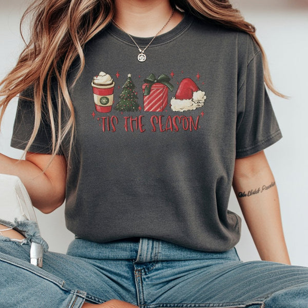 Festive Holiday Tree Graphic Tee, Tis the Season Christmas T-Shirt, Adorable Christmas Coffee Shirt, Winter Holiday Womens Te