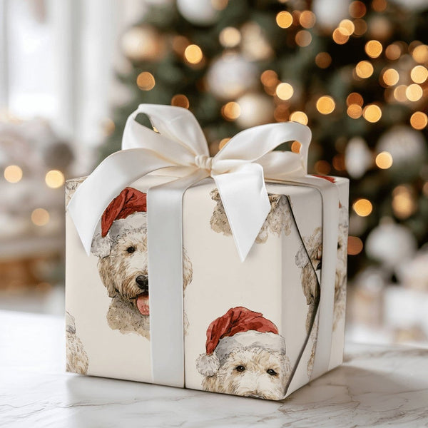 Christmas Dog Gift Wrap, Goldendoodle Santa Hat Wrapping Paper, Watercolor Puppy Wrapping Paper, Holiday Gift Wrap, Dog Lover