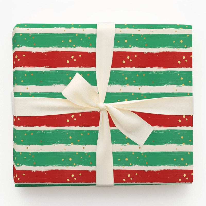 Red and Green Holiday Gift Wrap, Striped Christmas Wrapping Paper, Painted Stripe Wrapping Paper, Gold Confetti Present Wrapping Paper